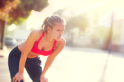 Buy stock photo Woman, runner and rest for break, sport and health for wellness, active or training in city. Athlete, bend and thinking for distance, strength and workout for tired and fitness in urban on mockup 