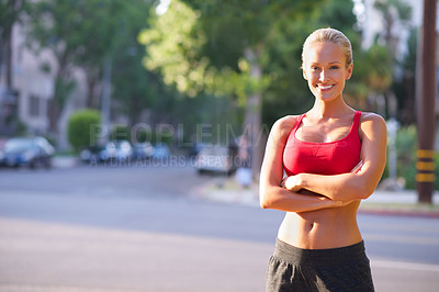Buy stock photo Happy woman, portrait and confidence with fitness in city for exercise, workout or outdoor training. Young female person, runner or athlete with smile for pride, health and wellness in an urban town