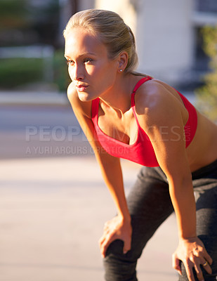 Buy stock photo Woman, fitness and rest with break in city from workout, exercise or outdoor training. Young female person, blonde or athlete in breathing, recovery or health and wellness on street of an urban town
