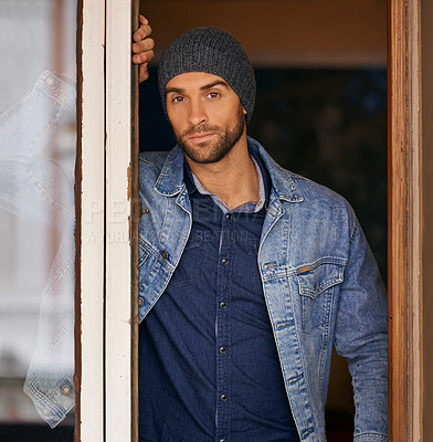 Buy stock photo Man, portrait and winter fashion in house, window and hipster with serious male person standing in warm clothes. Beanie, head wear for comfort, indoor and cool denim jacket for manly trends in Canada
