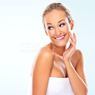 Buy stock photo Woman, beauty and satisfaction for skincare in studio with cosmetics, self care and facial treatment. Model, person and happy for glowing skin, cosmetology and relax and mockup on white background