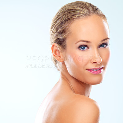 Buy stock photo Portrait, makeup and skincare of woman, beauty or shine for health isolated on a white studio background mockup. Face, glow and blonde model in cosmetics for facial dermatology, wellness or aesthetic