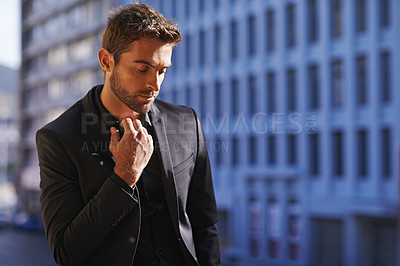 Buy stock photo Thinking, confident and professional businessman on balcony with idea and formal jacket for work in city. Young entrepreneur, decision and confidence with planning for startup and ambition in town
