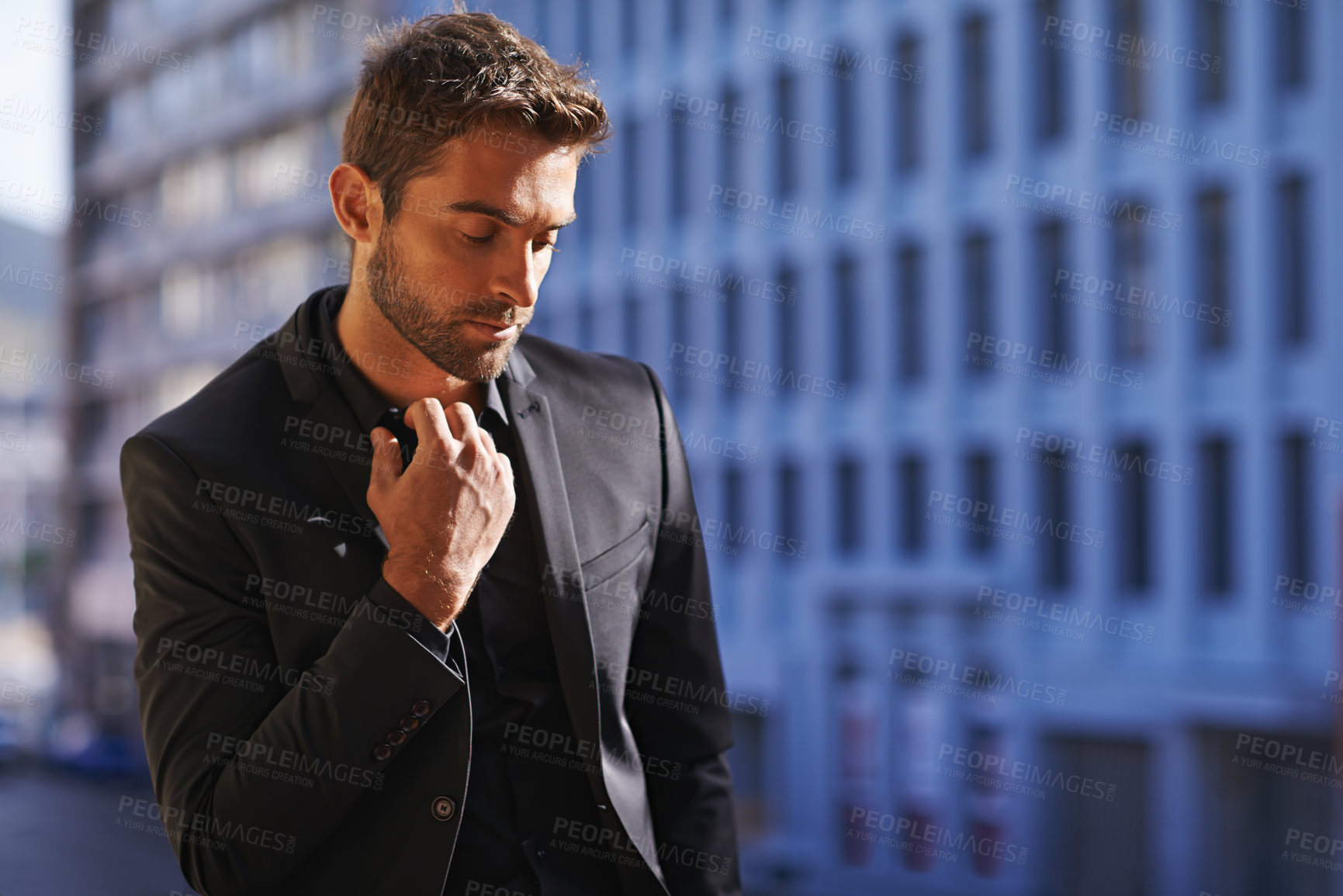 Buy stock photo Thinking, confident and professional businessman on balcony with idea and formal jacket for work in city. Young entrepreneur, decision and confidence with planning for startup and ambition in town