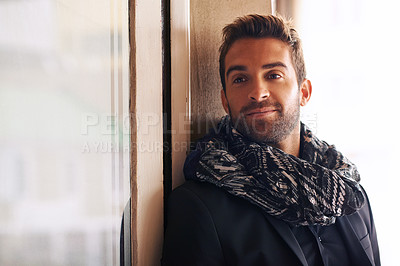 Buy stock photo Young businessman, fashion and scarf in office for formal style and satisfaction of worker in job. Professional person, designer and trendy clothes for consultant and thinking of idea for startup