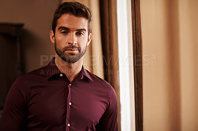 Buy stock photo Businessman, portrait and fashion in home and wellness in career with satisfaction in style clothes. Young person, entrepreneur and confident face for job pride and relax in trendy shirt in apartment