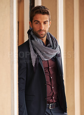 Buy stock photo Fashion, thinking and handsome man in home with classy, elegant and stylish outfit with scarf for confidence. Ideas, fancy and male person with brainstorming face, style and accessory in modern house