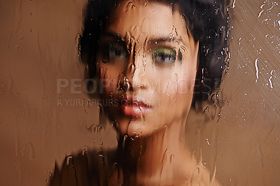 Buy stock photo Studio shot of a beautiful young woman against a brown background