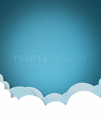 Buy stock photo Paper cutout, cloud or graphic as poster, marketing or promo of product placement on blue background. Creative, mockup or design as sky, communication or news of sale, branding or advertisement