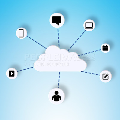 Buy stock photo Cloud computing, abstract and graphic in studio for connection isolated on a blue background. Networking, icons and data on internet for information, online or communication with illustration pattern