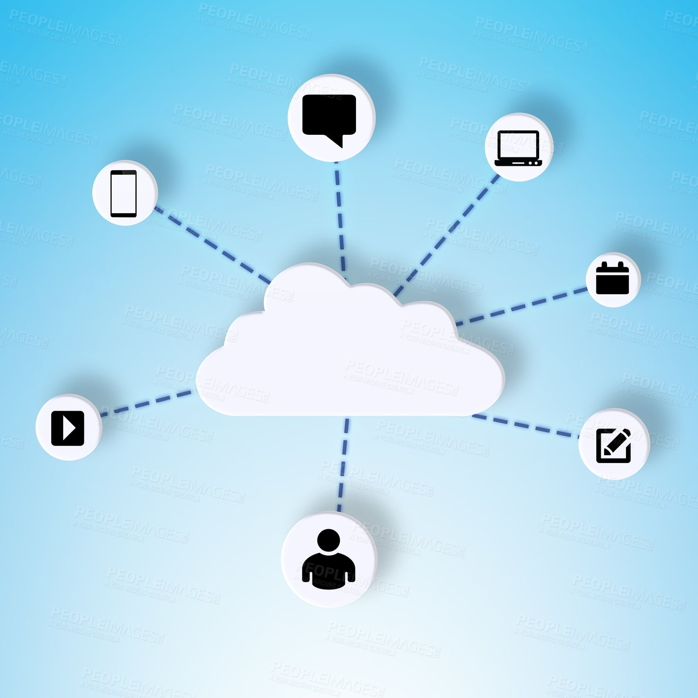 Buy stock photo Cloud computing, abstract and graphic in studio for connection isolated on a blue background. Networking, icons and data on internet for information, online or communication with illustration pattern