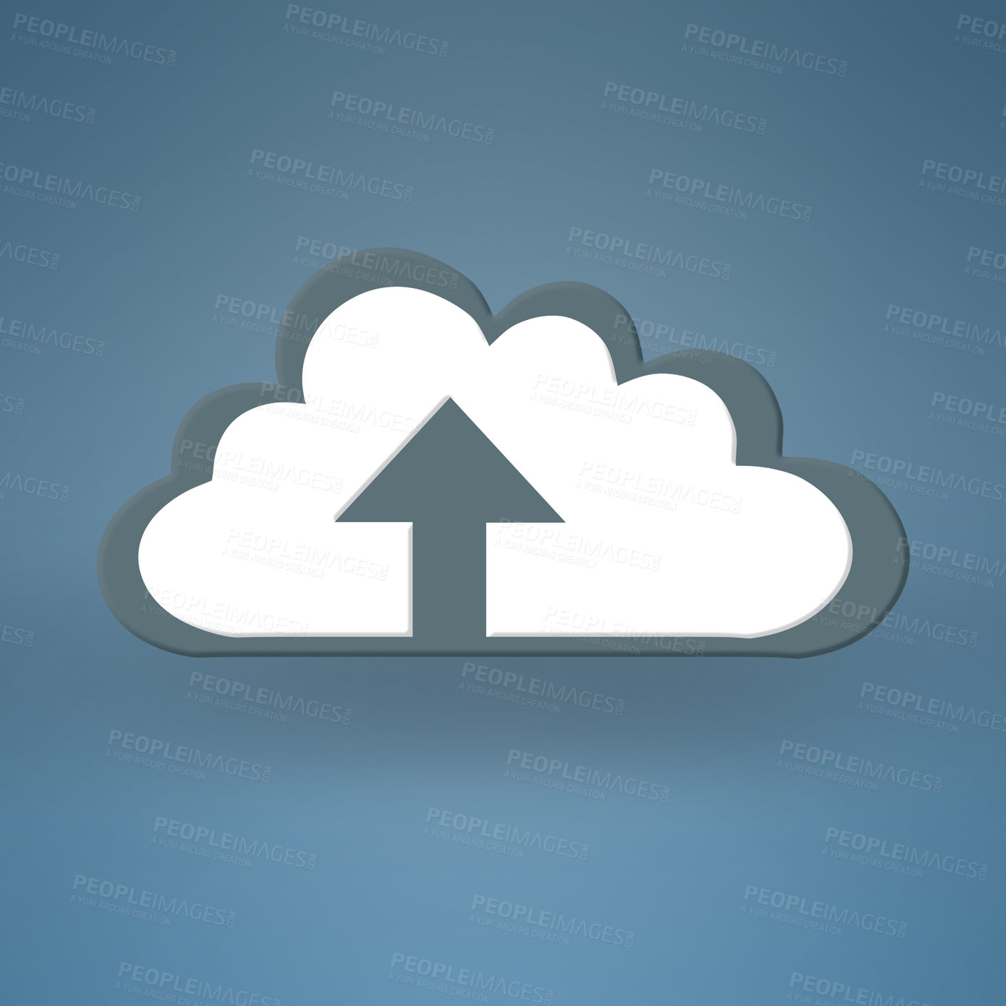 Buy stock photo Cloud computing, graphic and arrow for upload with sign for data, information technology and art on blue background. Networking, storage icon and futuristic it for digital expansion with connectivity