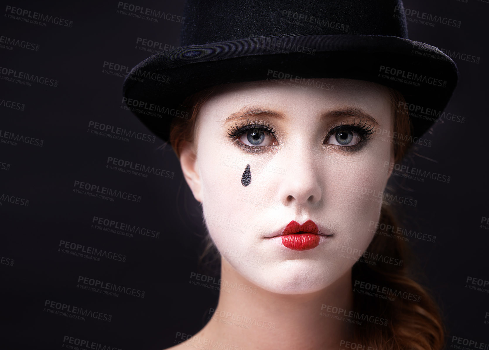 Buy stock photo Portrait, woman and circus performer in studio on white background with creative makeup for entertainment, artist and mime. Face, female person and career with hat for performance or rehearsal
