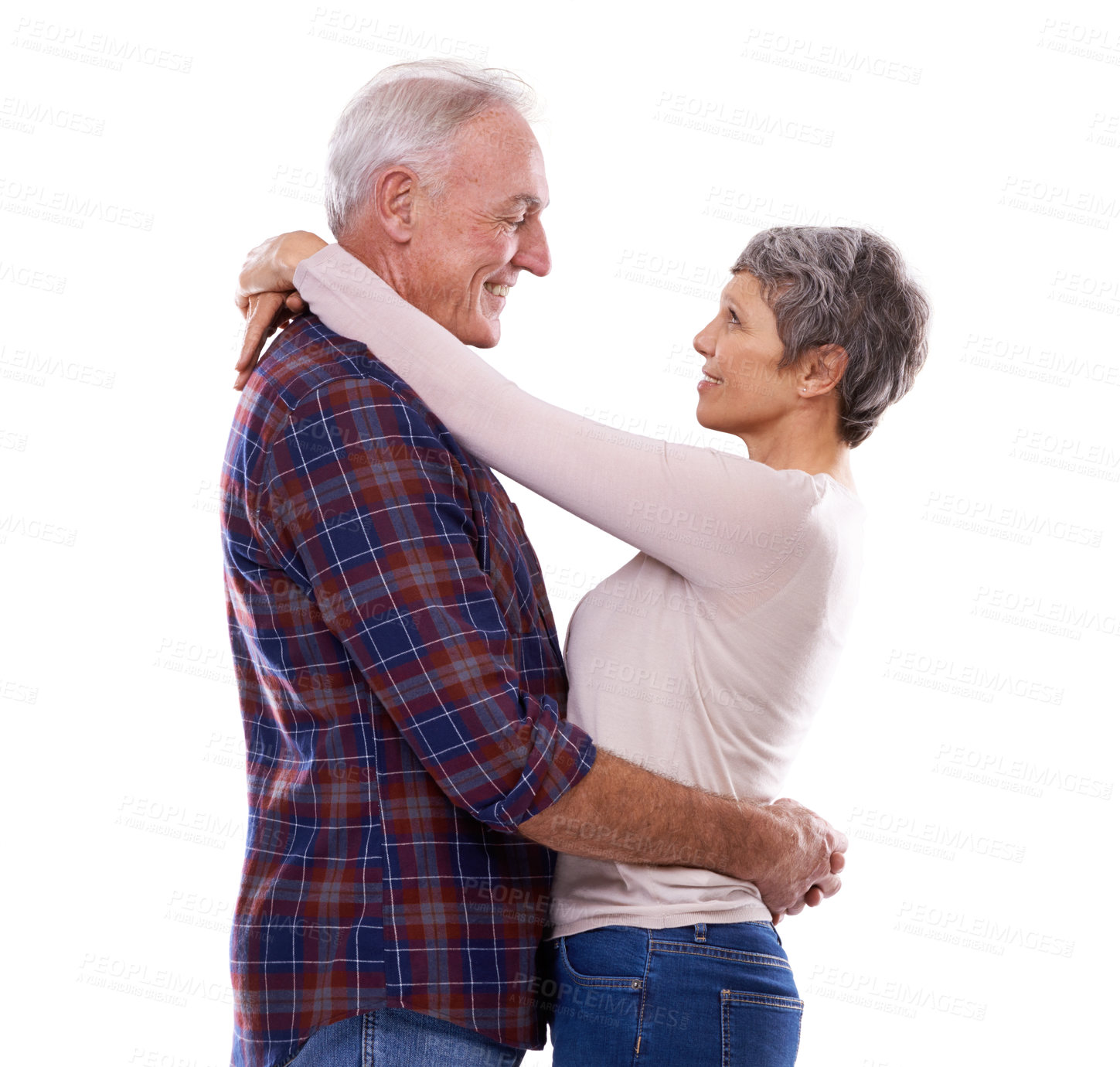 Buy stock photo Love, hug and mature couple on a white background for bonding, affection and loving relationship. Marriage, happy and senior man and woman embrace for commitment, trust and care in studio together