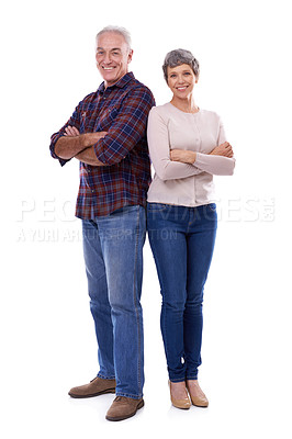 Buy stock photo Senior, couple and studio portrait and confident, smile and retired people in elderly love relationship together. Crossed arms, female person and man on white background, mockup space and joy