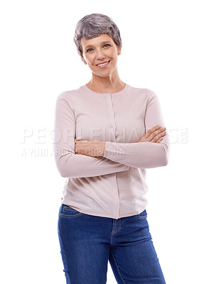 Buy stock photo Elderly woman, portrait and arms crossed in studio with smile, happiness and confidence on isolated white background. Retirement, fashion and senior female person for aesthetic, style and clothing