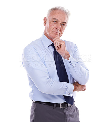 Buy stock photo Portrait, arms crossed and business with senior man, employee and professional isolated on white studio background. Face, old person and model with confident accountant, startup and financial adviser