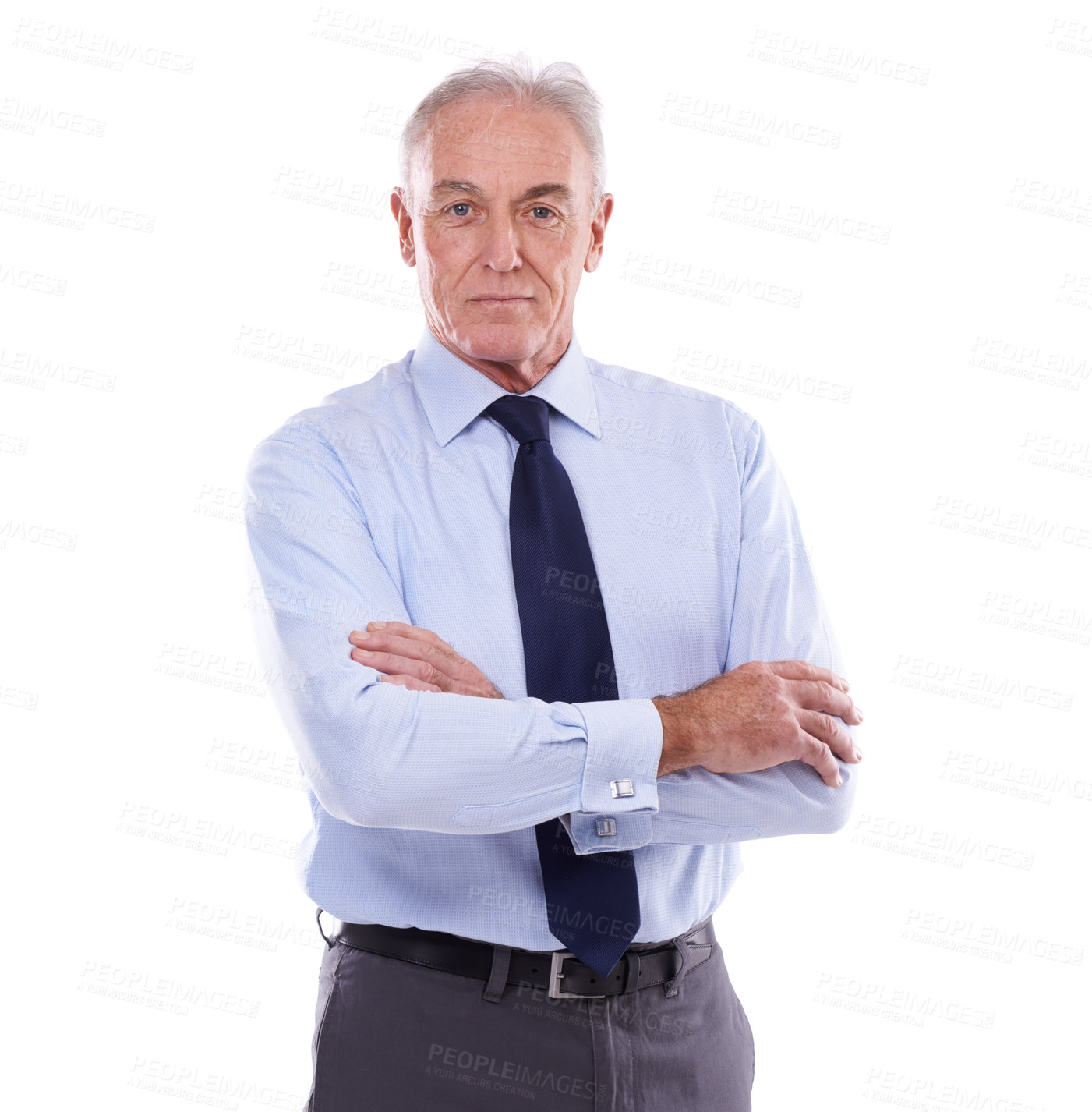 Buy stock photo Portrait, old man and arms crossed with business, startup and confident employee isolated on white studio background. Face, mature person and entrepreneur with management and finance company with ceo