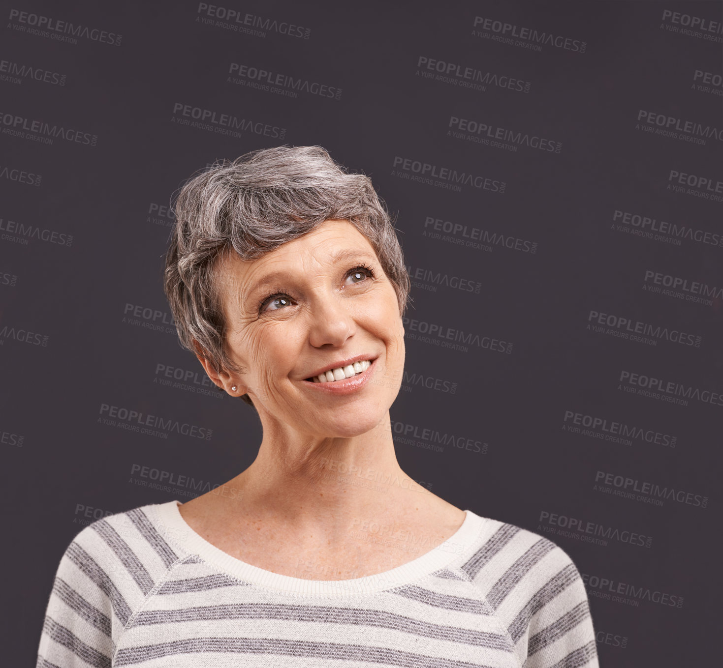 Buy stock photo Happy, thinking and senior woman in studio for faq, brainstorming or problem solving on black background. Questions, planning and old lady model curious about announcement, information or deal offer