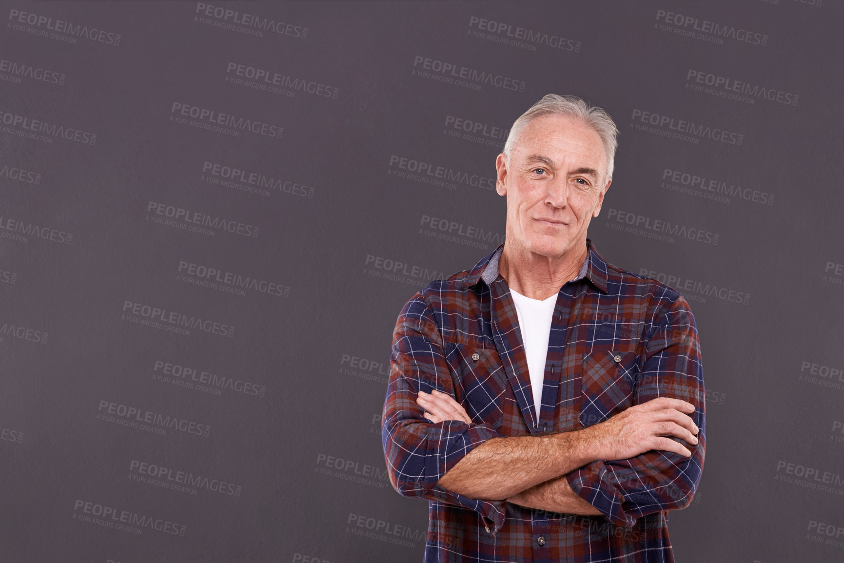 Buy stock photo Senior, mockup or man in portrait with arms crossed, confidence or fashion style on grey background. Proud person, casual male model or serious mature guy isolated in studio with clothes or ad space
