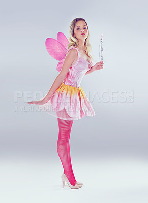 Buy stock photo A full length shot of a cute fairy dressed in pink