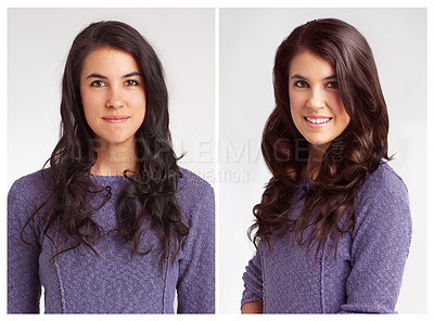 Buy stock photo Makeover, woman and portrait with smile for hair care with cosmetics, curly hairstyle or transformation with makeup. Person, face and collage for beauty change with happiness on white background