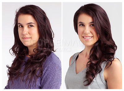 Buy stock photo Transformation, woman and portrait with happiness for hair care with cosmetics, curly hairstyle and makeover with fashion. Person, face and collage for beauty change with smile on white background