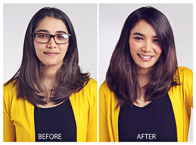 Buy stock photo Transformation, woman and smile with portrait for hair care with cosmetics, hairstyle change or glasses makeover. Person, face or collage for beauty change with collagen treatment on white background