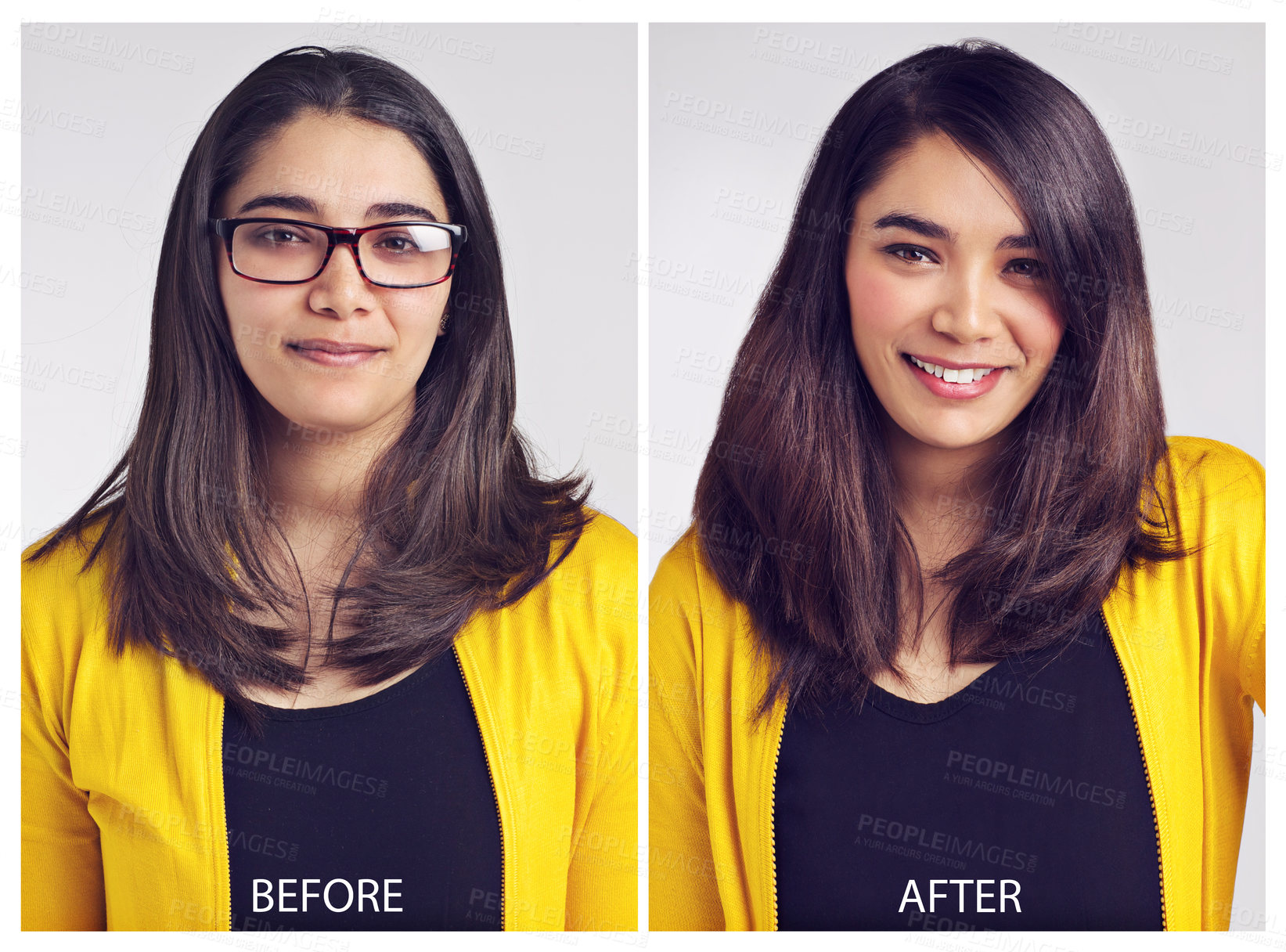 Buy stock photo Transformation, woman and smile with portrait for hair care with cosmetics, hairstyle change or glasses makeover. Person, face or collage for beauty change with collagen treatment on white background