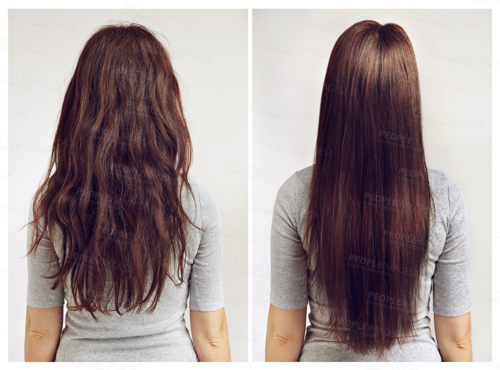 Buy stock photo Before and after shot of a woman with curly and straight hair