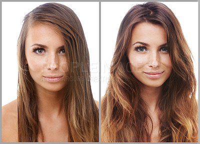 Buy stock photo Before and after shot of a young woman in the studio