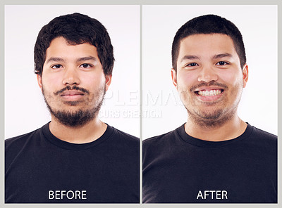 Buy stock photo Transformation, man and hair before after in portrait for hairstyle, keratin or collagen treatment. Asian person, smile or collage comparison for change with cosmetics, care and haircut as transition