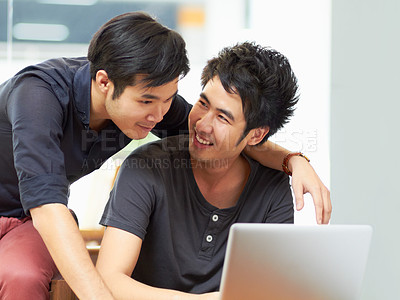 Buy stock photo Teamwork, gay couple working with laptop and at their home together happy. Collaboration or partnership, cheerful or happiness and bisexual people with computer for social networking or connectivity