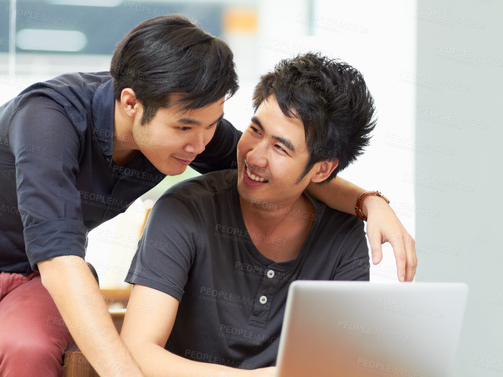 Buy stock photo Teamwork, gay couple working with laptop and at their home together happy. Collaboration or partnership, cheerful or happiness and bisexual people with computer for social networking or connectivity