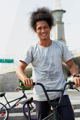 Buy stock photo Portrait, bmx and man with bicycle in city, outdoor and training in street. Cycling, funny or person laugh with bike to travel in Brazil for sport, exercise or workout for fitness, health or wellness