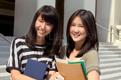 Buy stock photo College, happy and portrait of girl friends with scholarship standing outdoor on campus for education. Knowledge, smile and Japanese female university students by a school building in the city.