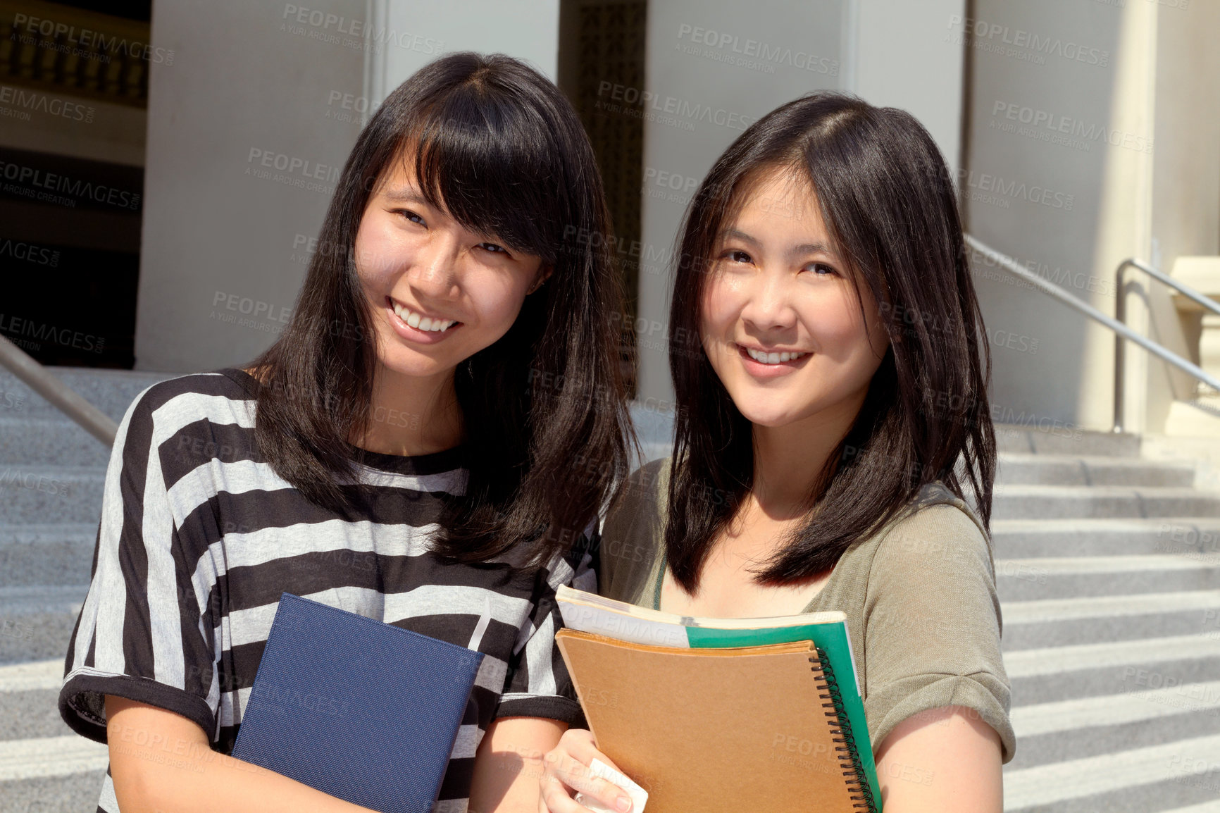 Buy stock photo College, happy and portrait of girl friends with scholarship standing outdoor on campus for education. Knowledge, smile and Japanese female university students by a school building in the city.