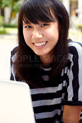 Buy stock photo Portrait, education and Asian woman on campus, laptop and social media with connection, project and email. Face, female person and student with a pc, knowledge and typing with website information