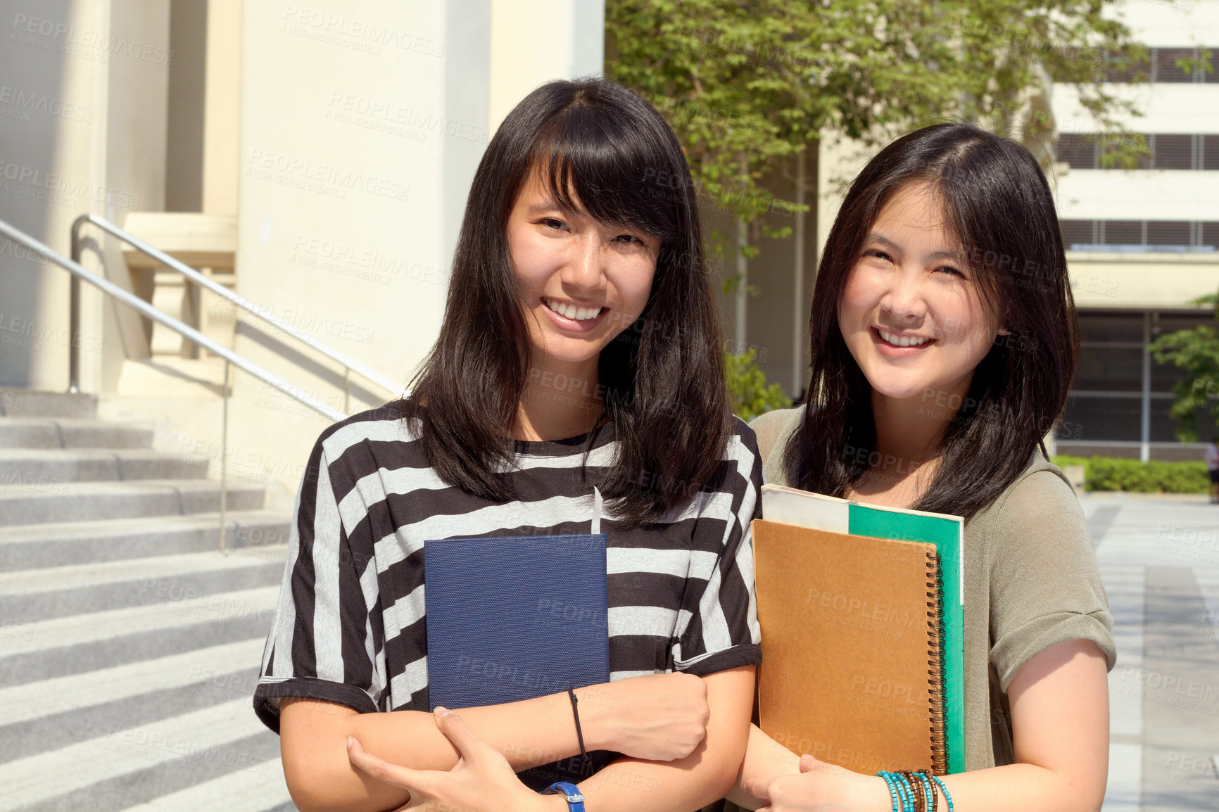 Buy stock photo University, portrait of asian friends on campus and with books happy for learning development. Education or knowledge, positivity or academy and students together at college building outdoor