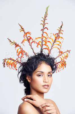 Buy stock photo Studio shot of a beautiful young woman wearing a head wreath