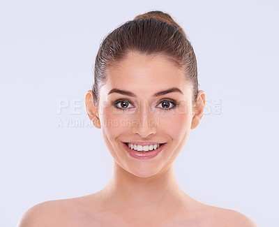 Buy stock photo Portrait, beauty and makeup with woman, wellness and dermatology on white studio background. Face detox, person or model with shine, skincare and glowing with aesthetic or healthy skin with cosmetics