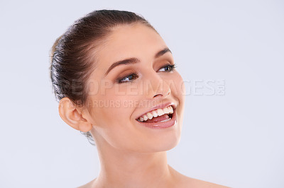 Buy stock photo Beauty, skincare and half portrait of woman with confidence, mockup and facial cosmetics in studio. Dermatology, health and face of girl with natural makeup, glow and skin care on white background
