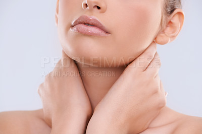 Buy stock photo Hands, face and mouth with woman for beauty, makeup with shine and cosmetics on white background. Skin, lipstick or balm for lips moisturizer, skincare and glow for wellness with closeup in studio