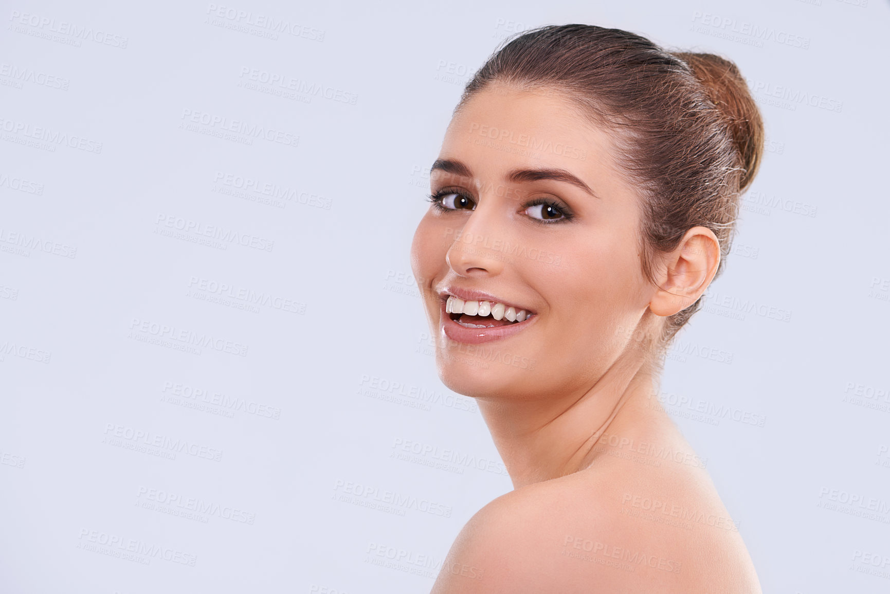 Buy stock photo Beauty, skincare and portrait of happy woman with makeup, wellness and benefits of cosmetics in studio. Dermatology, smile and girl with natural facial, healthy glow and skin care on white background