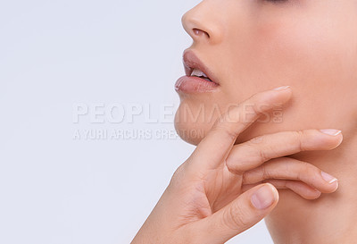 Buy stock photo Beauty, skincare and profile of woman with mouth, wellness or benefits of cosmetics in studio. Dermatology, facial and girl with natural makeup, healthy glow and skin care on white background mockup