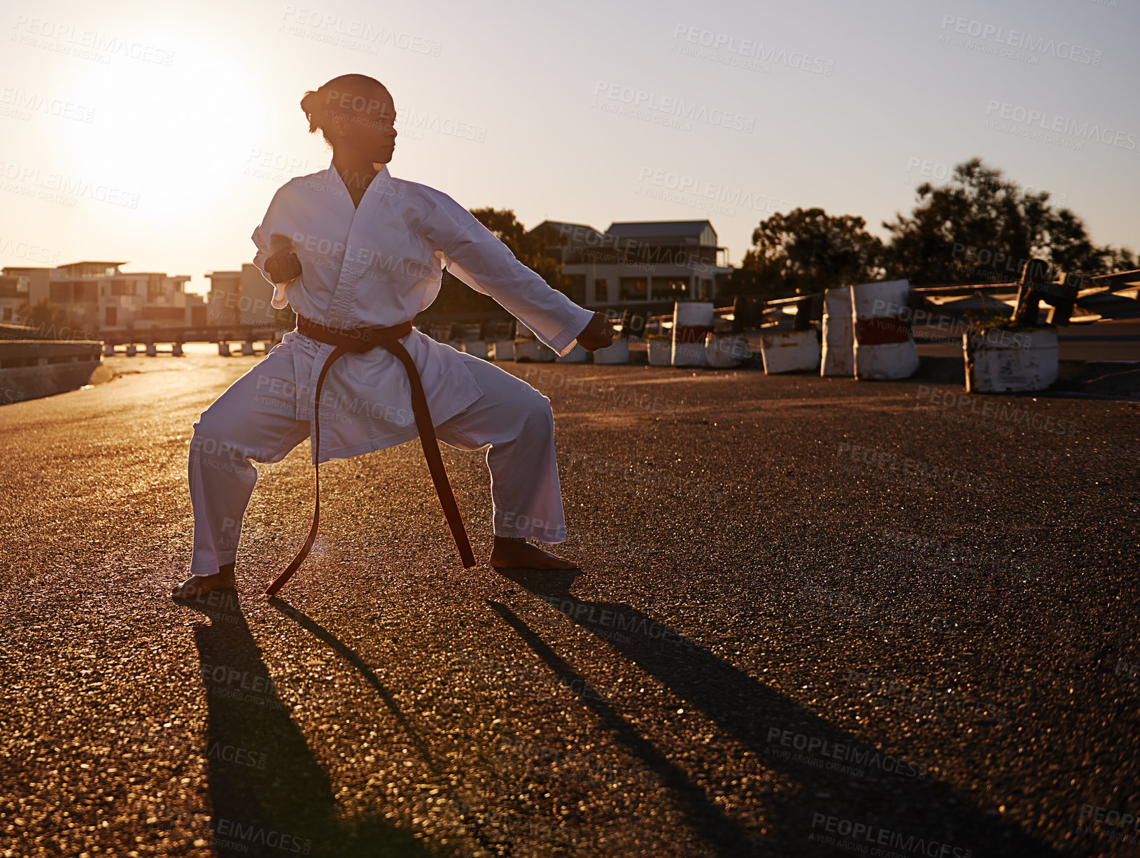 Buy stock photo A young woman in a gi practicing her kata