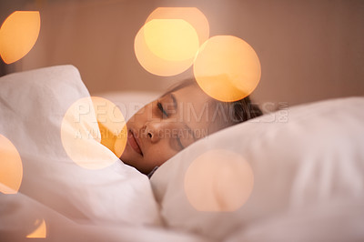 Buy stock photo Peace, sleeping and girl child relax in a bed with comfort, dreaming or resting at home. Sleep, dream or calm female kid person in a bedroom for vacation, holiday and quiet night snooze in a house
