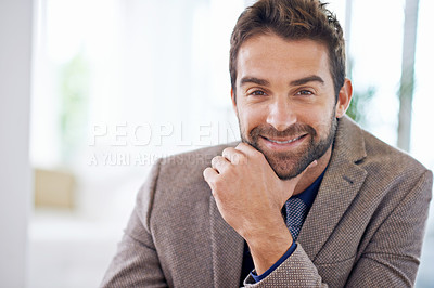 Buy stock photo Businessman, portrait and happy for professional job in office and closeup with ambition in workplace. Hr consultant, positive and face for career satisfaction as recruiter and young person at work