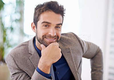 Buy stock photo Businessman, portrait and smile for professional job in office, confident and hand on chin for ambition. Hr consultant, happy and face of satisfaction and recruiter for career pride in workplace