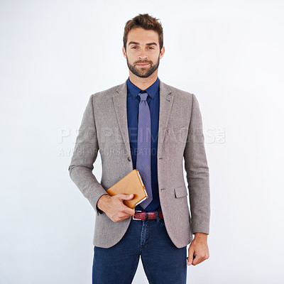 Buy stock photo Businessman, portrait or fashion for happy in studio or notebook with ambition for work proposal. Hr consultant, positive or face for job satisfaction in startup or diary in hand by grey background